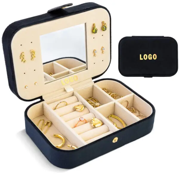 Custom personalized travel jewelry case with velvet compartments and logo embossing