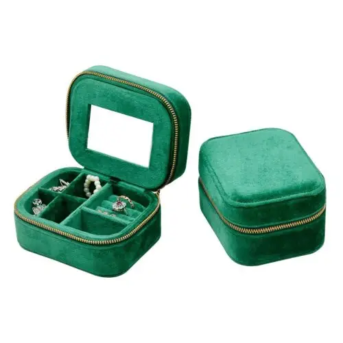 Custom-printed green velvet travel jewelry case with personalized logo and foam insert for wholesale brands