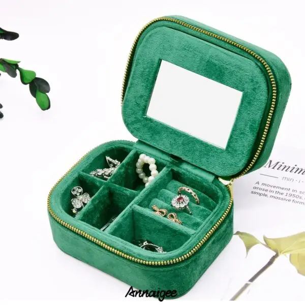 Custom-printed green velvet travel jewelry case with personalized logo and foam insert for wholesale brands