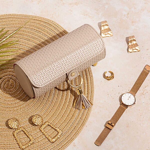 Custom Modular Travel Jewelry Roll Case with Branded Storage Custom modular travel jewelry roll case with rotating compartments, branded exterior, and internal storage layout