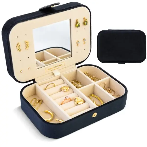 Custom personalized travel jewelry case with velvet compartments and logo embossing