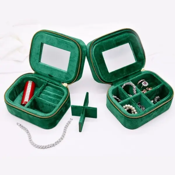 Custom-printed green velvet travel jewelry case with personalized logo and foam insert for wholesale brands