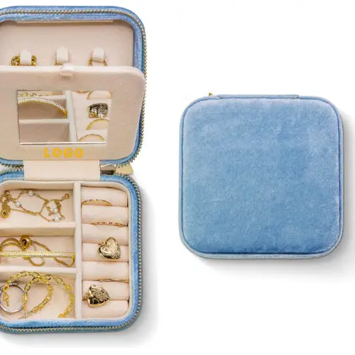 Custom travel jewelry case with velvet lining, compartments, and embossed logo for jewelry brands and retailers