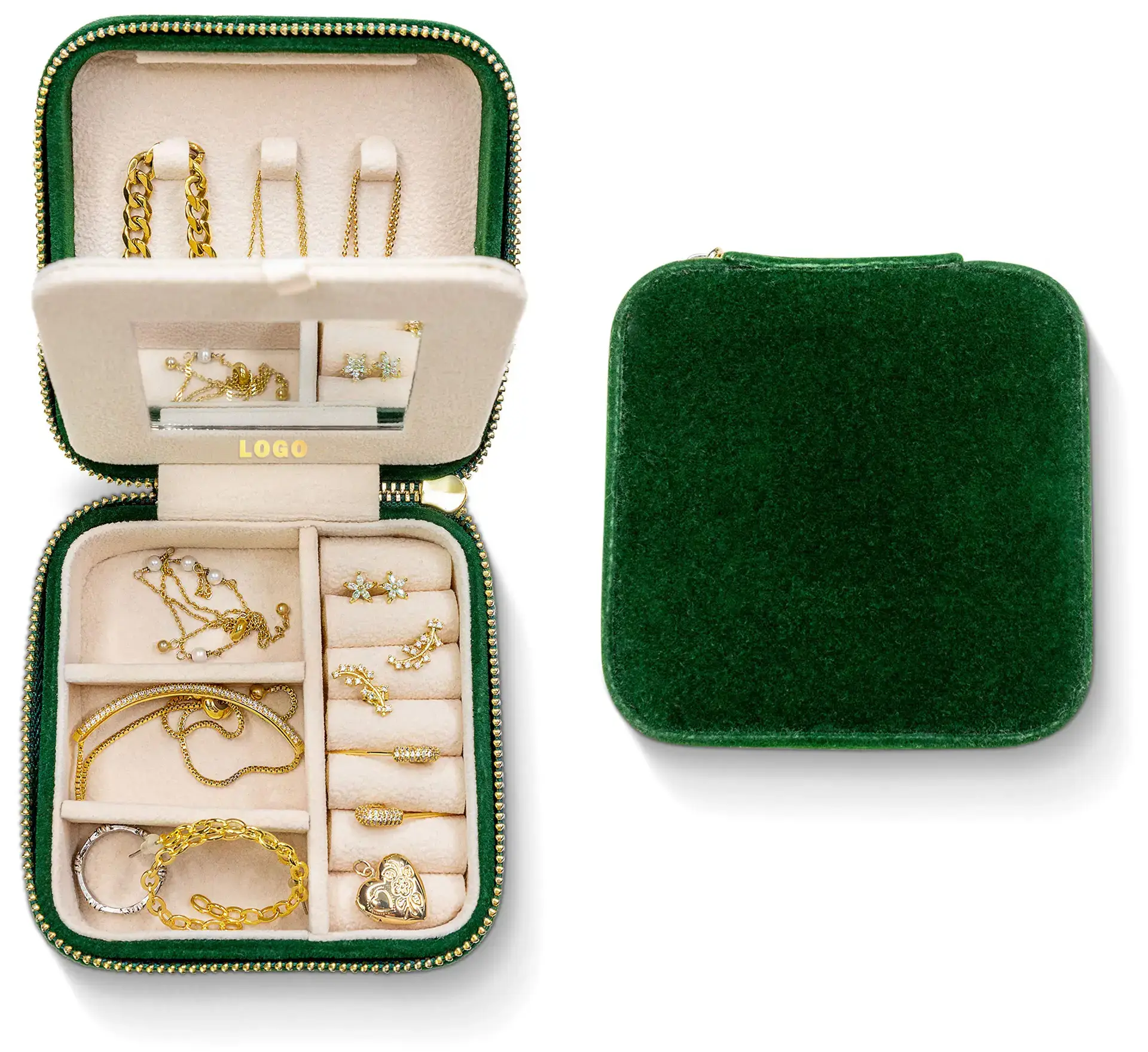 Custom travel jewelry case with velvet lining, compartments, and embossed logo for jewelry brands and retailers
