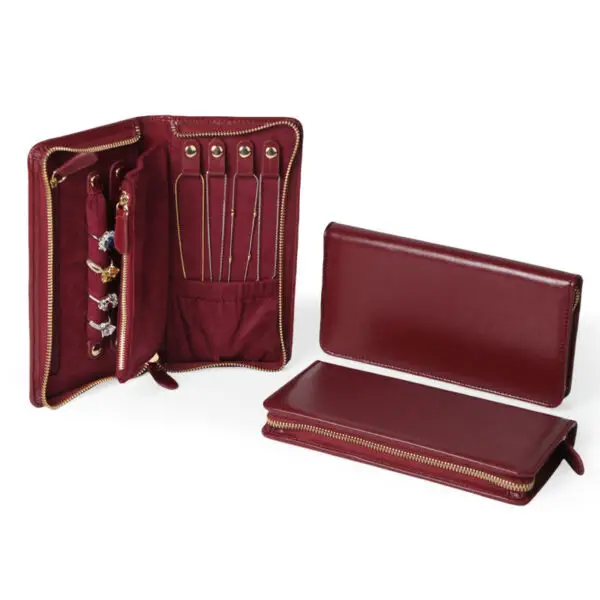 Custom Burgundy PU Leather Travel Jewelry Cases – Wholesale & OEM Burgundy PU leather travel jewelry case with customizable compartments, magnetic closure, and logo branding for wholesale