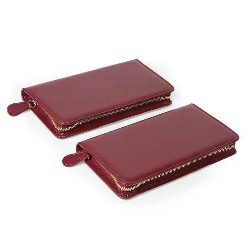 Burgundy PU leather travel jewelry case with customizable compartments, magnetic closure, and logo branding for wholesale