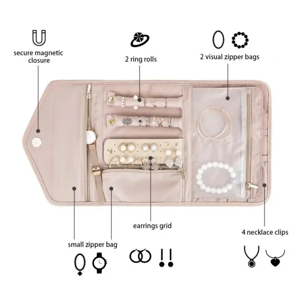 Custom Travel Jewelry Organizer Roll – Wholesale Private Label & OEM Custom travel jewelry organizer roll with multiple compartments and carrying strap in premium materials