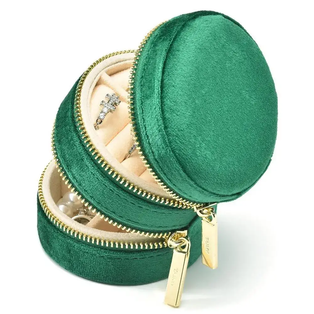 Double-layer zipper travel jewelry organizer with secure compartments for rings, necklaces, earrings, and bracelets