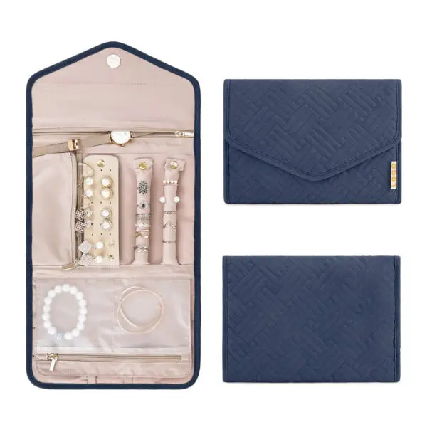 Custom Travel Jewelry Organizer Roll – Wholesale Private Label & OEM Custom travel jewelry organizer roll with multiple compartments and carrying strap in premium materials