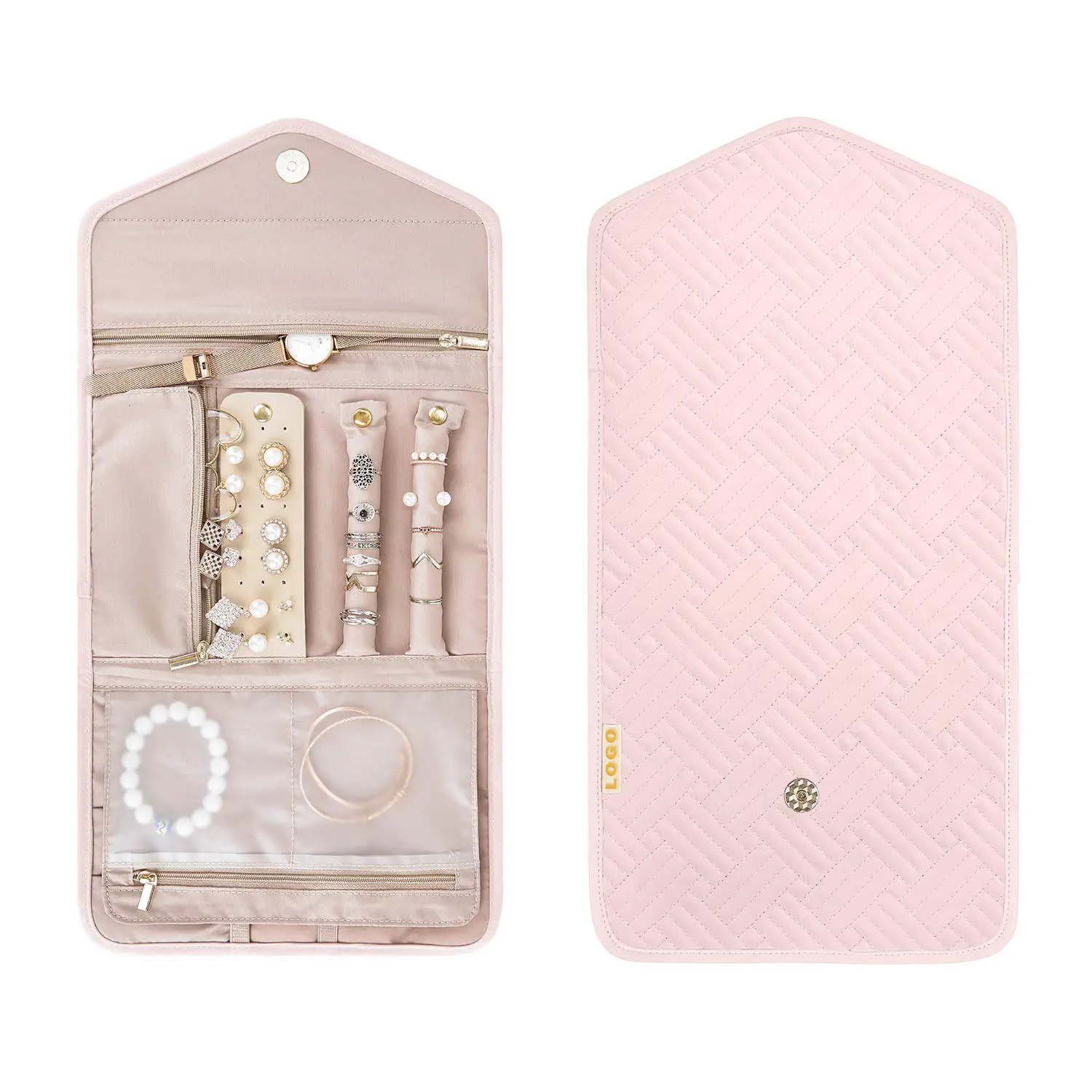 Custom travel jewelry roll organizer bag in velvet with gold foil logo, open to show ring slots and necklace hooks