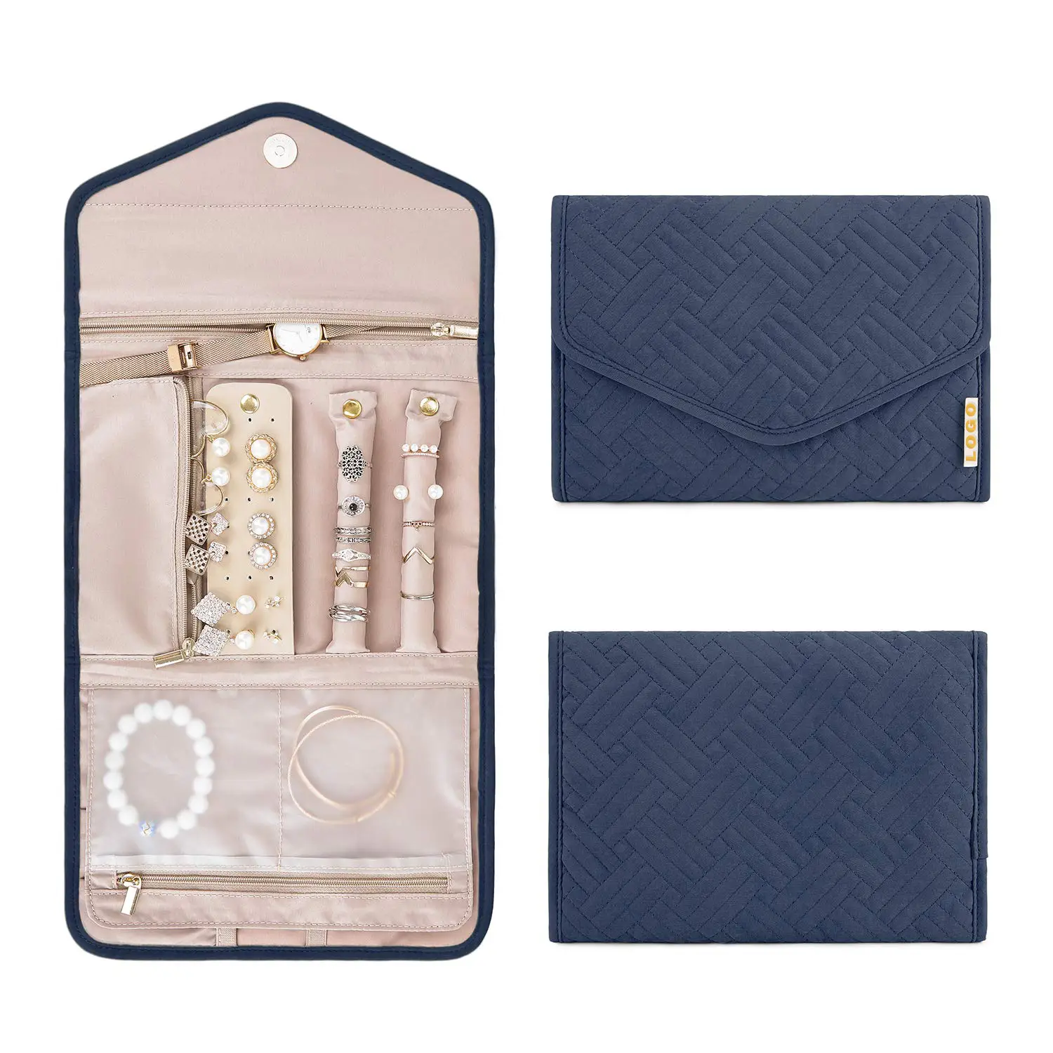 Custom travel jewelry roll organizer bag in velvet with gold foil logo, open to show ring slots and necklace hooks