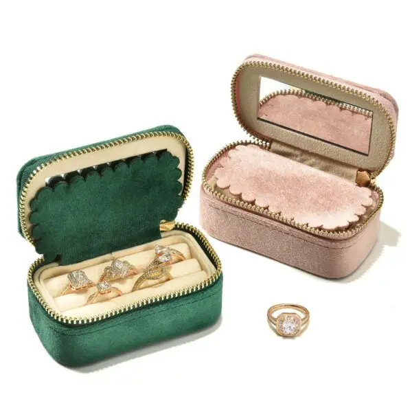 Luxury velvet travel ring storage box with custom logo branding and compartmentalized design