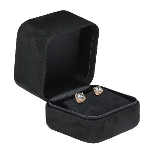 Ultrasuede Earring Box – Custom Branded Jewelry Packaging Premium ultrasuede earring box with interior insert compartments and custom branding, displayed open