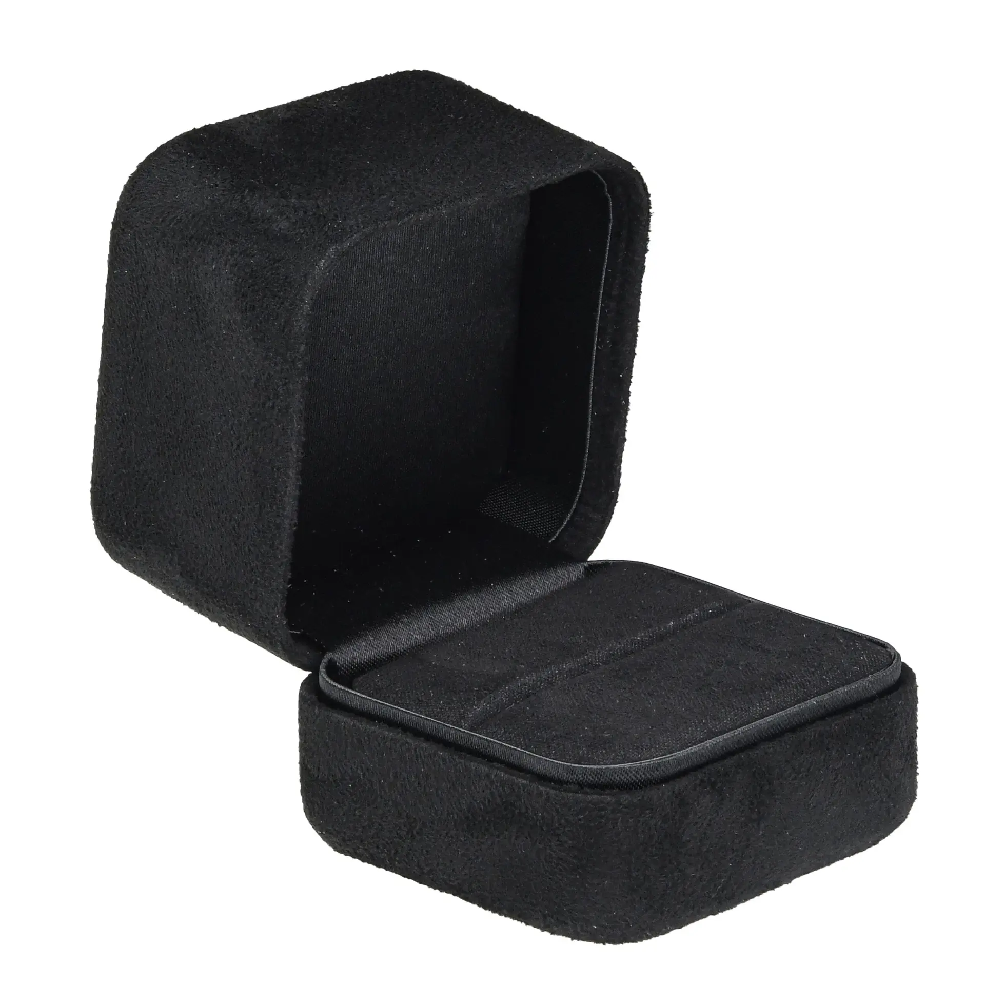 Premium Ultrasuede ring box with magnetic closure, custom logo branding, velvet interior lining, and satin ring insert