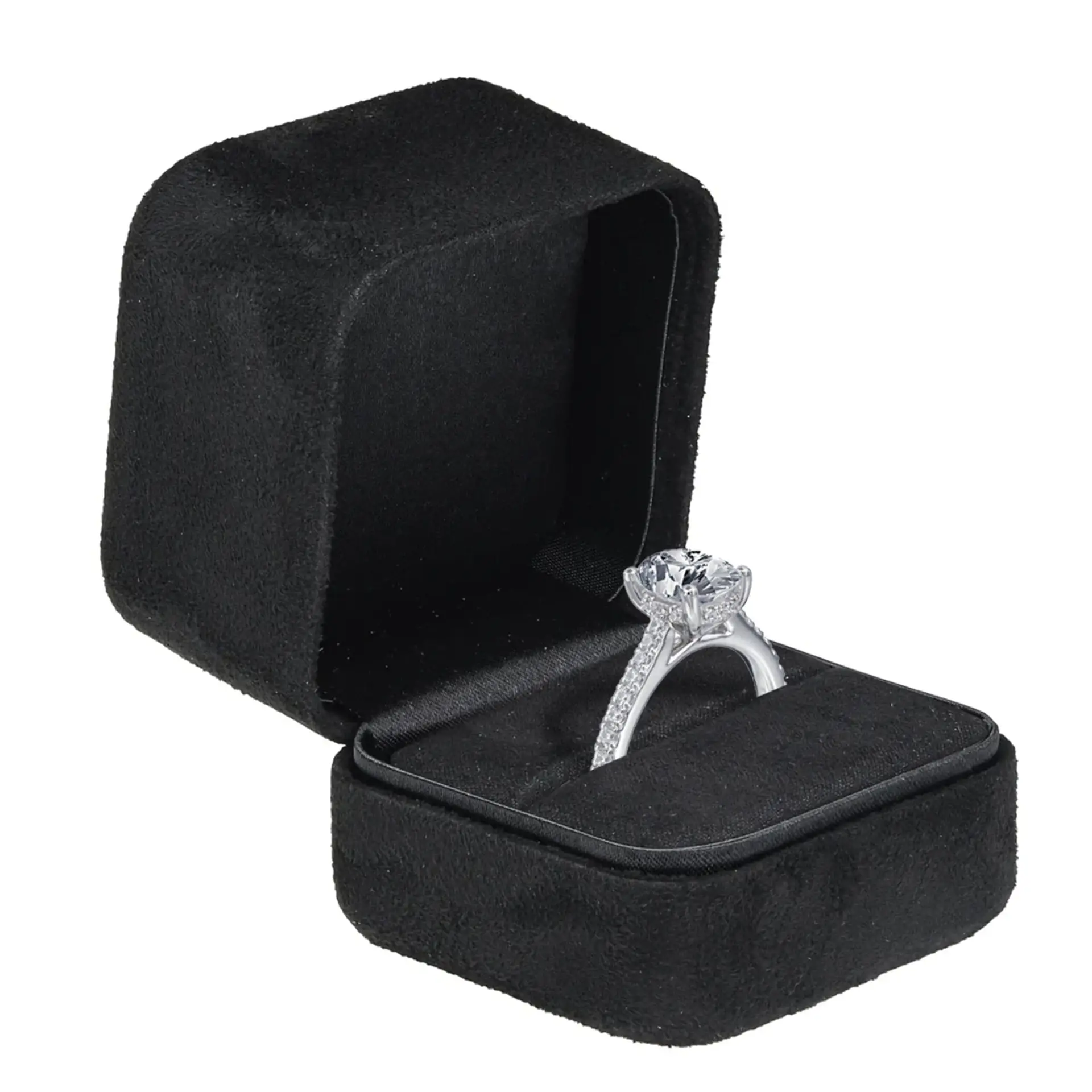Premium Ultrasuede ring box with magnetic closure, custom logo branding, velvet interior lining, and satin ring insert