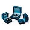 Premium blue velour earring and ring boxes with custom insert padding and logo branding