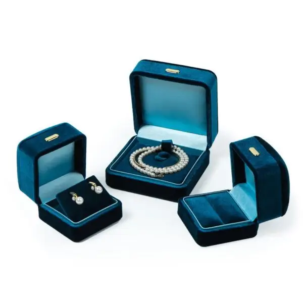 Custom Blue Velour Earring Ring Boxes – Wholesale Packaging Premium blue velour earring and ring boxes with custom insert padding and logo branding