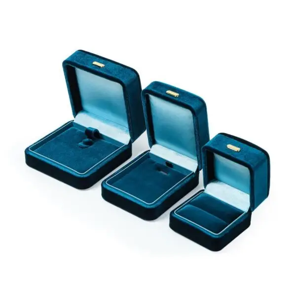 Custom Blue Velour Earring Ring Boxes – Wholesale Packaging Premium blue velour earring and ring boxes with custom insert padding and logo branding