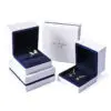 Custom white velvet earring box with branded logo, foam insert, and luxury unboxing packaging for jewelry retailers