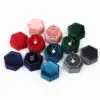 Elegant custom velvet hexagon ring box with dual ring compartments and embossed logo branding