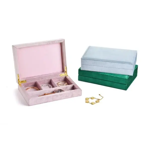 Custom velvet rectangular jewelry display box with soft cushioned interior and full-color logo branding