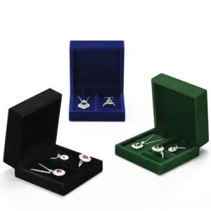 Velvet jewelry display boxes with customizable branding, portable retail packaging for jewelry brands