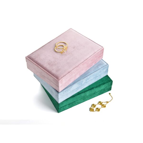 Custom velvet rectangular jewelry display box with soft cushioned interior and full-color logo branding