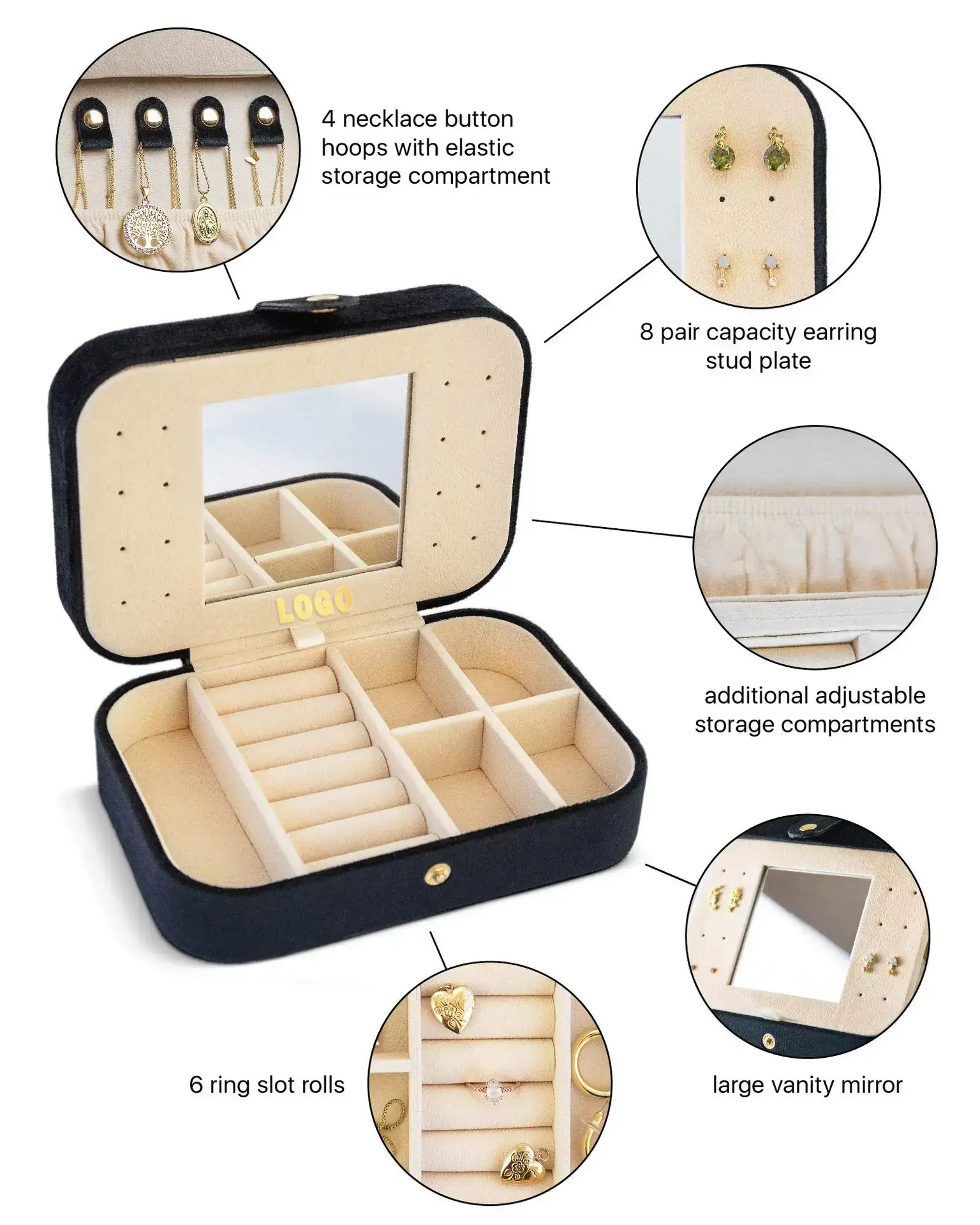Custom velvet jewelry organizer case with mirror open, showing necklace hooks, ring rolls, and earring compartments