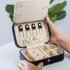 Custom Velvet Jewelry Organizer Case with Mirror — Portable Travel Display Box Custom velvet jewelry organizer case with mirror open, showing necklace hooks, ring rolls, and earring compartments