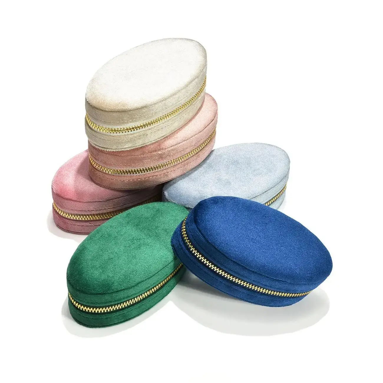 Custom velvet mini oval travel jewelry organizer box with soft interior compartments for rings, earrings, and jewelry storage