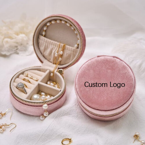 Premium velvet round travel jewelry cases in three sizes - custom luxury packaging