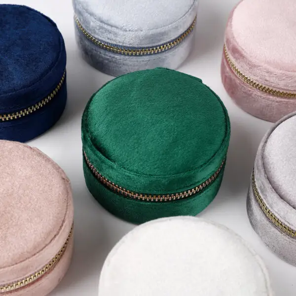 Premium velvet round travel jewelry cases in three sizes - custom luxury packaging