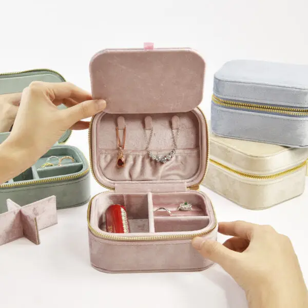 Custom velvet travel jewelry case with integrated mirror and customizable compartments for retail packaging