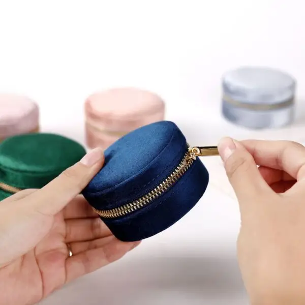 Premium velvet round travel jewelry cases in three sizes - custom luxury packaging