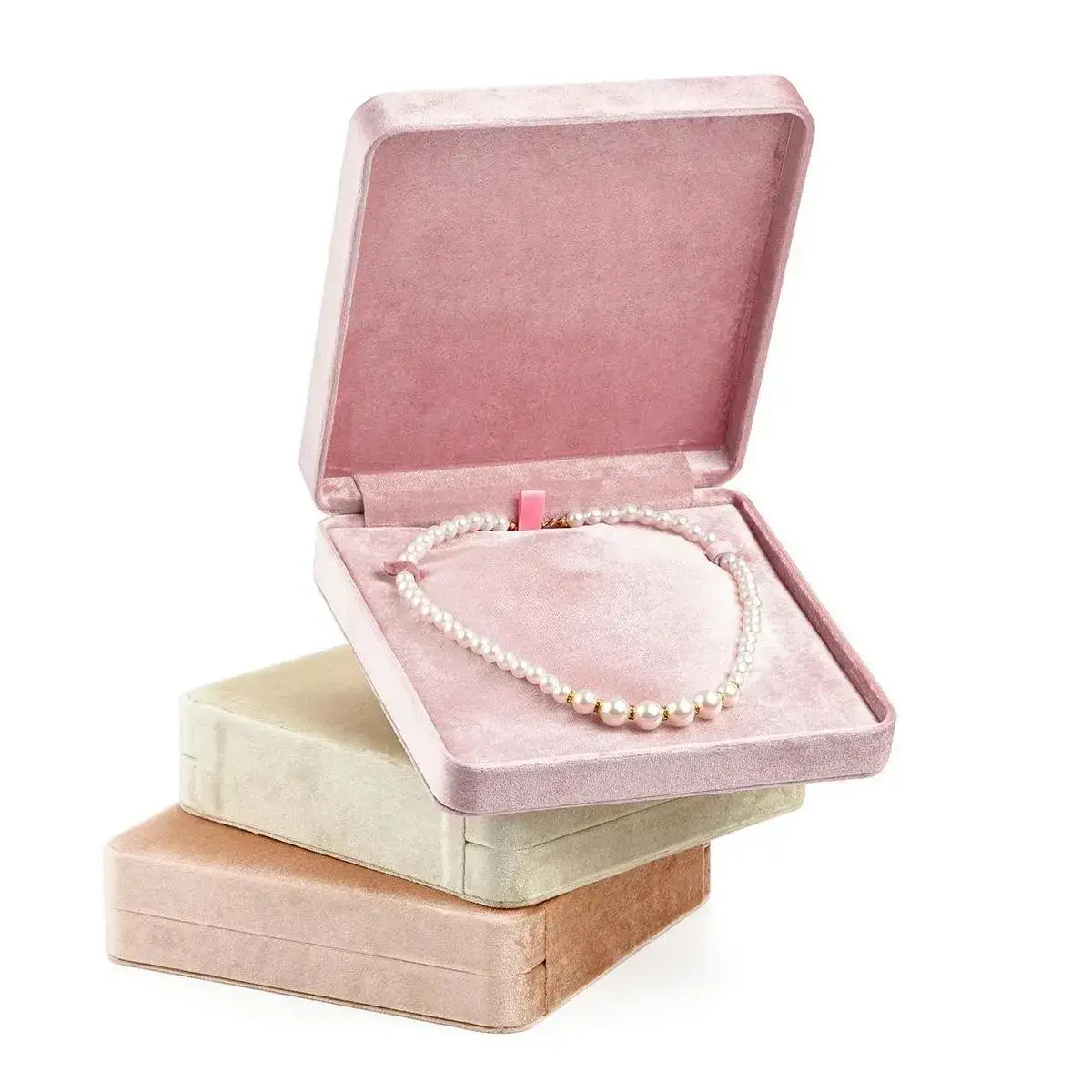 Custom velvet jewelry box for necklaces with personalized logo and pearl finish – B2B wholesale packaging