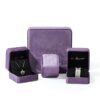 Custom purple velvet necklace and pendant jewelry boxes with gold foil logo, velvet insert, OEM wholesale packaging