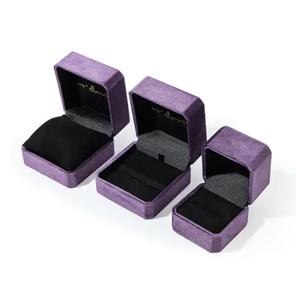 Custom purple velvet necklace and pendant jewelry boxes with gold foil logo, velvet insert, OEM wholesale packaging