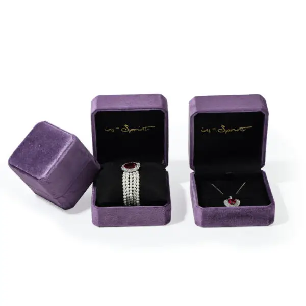 Custom purple velvet necklace and pendant jewelry boxes with gold foil logo, velvet insert, OEM wholesale packaging