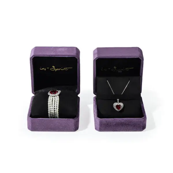 Custom purple velvet necklace and pendant jewelry boxes with gold foil logo, velvet insert, OEM wholesale packaging