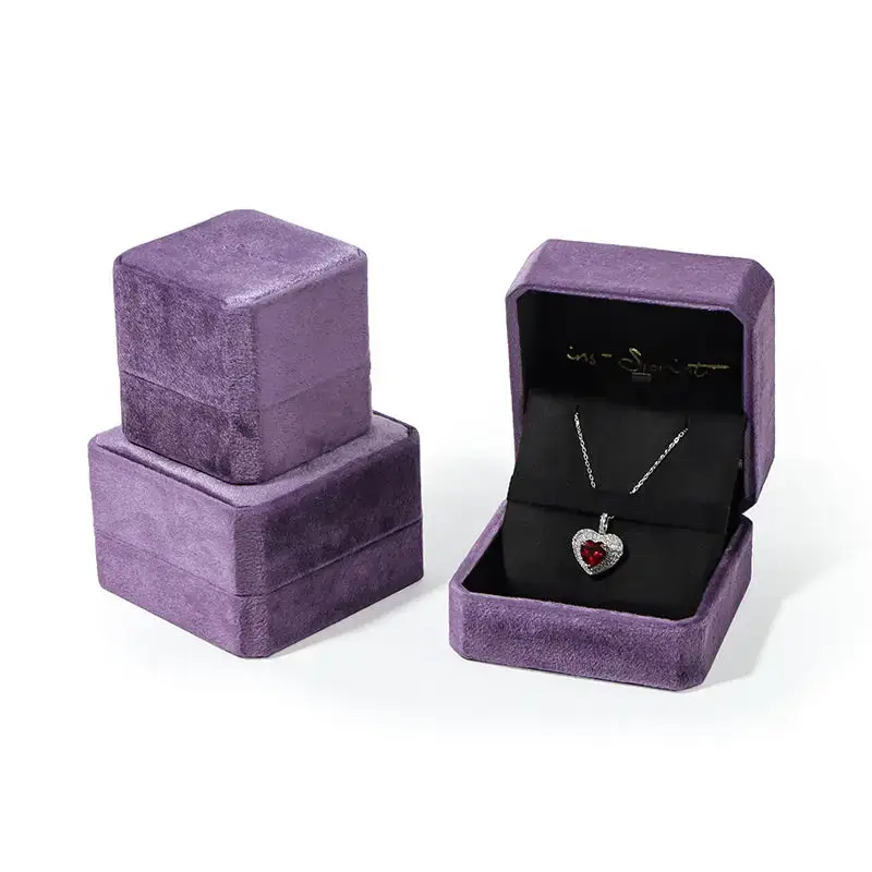 Custom purple velvet necklace and pendant jewelry boxes with gold foil logo, velvet insert, OEM wholesale packaging