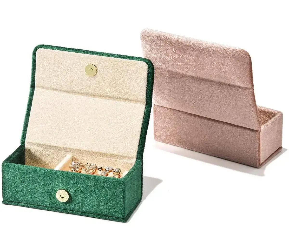Customizable velvet ring travel jewelry box with custom logo branding, foam interior, compact design