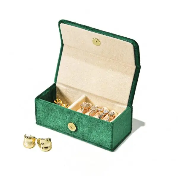 Customizable velvet ring travel jewelry box with custom logo branding, foam interior, compact design