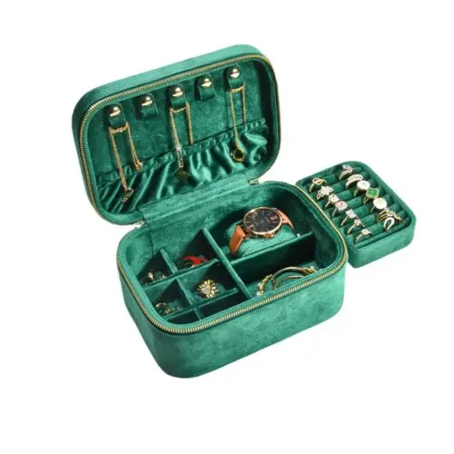 Premium double-layer velvet travel jewelry box with custom compartments and logo branding for wholesale