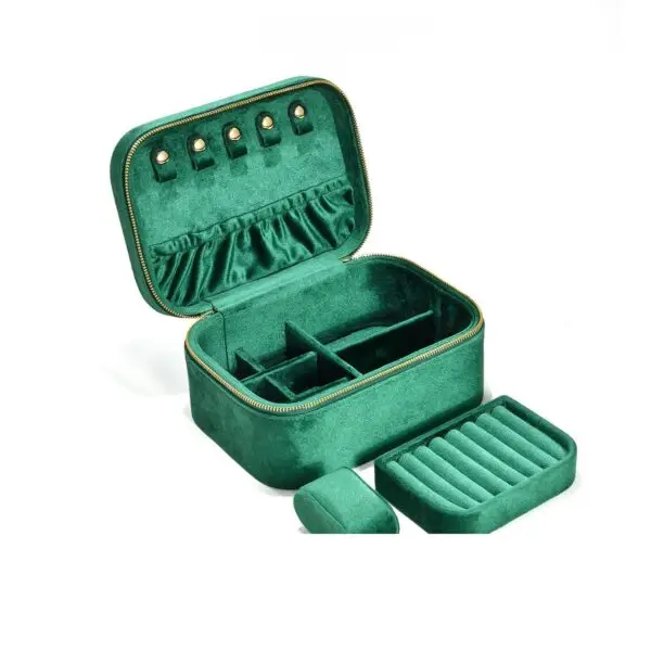 Premium double-layer velvet travel jewelry box with custom compartments and logo branding for wholesale