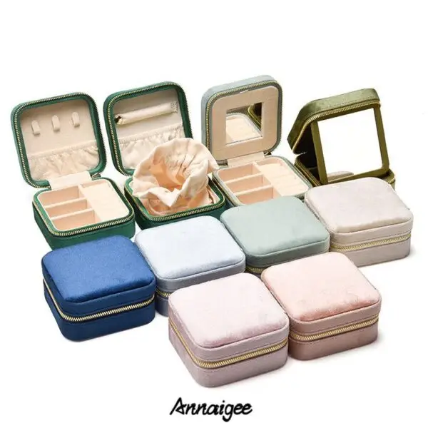 Custom plush velvet travel jewelry organizer box with compartments for bracelets, rings, and earrings