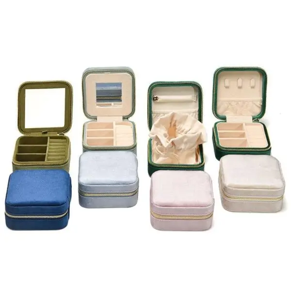 Custom plush velvet travel jewelry organizer box with compartments for bracelets, rings, and earrings
