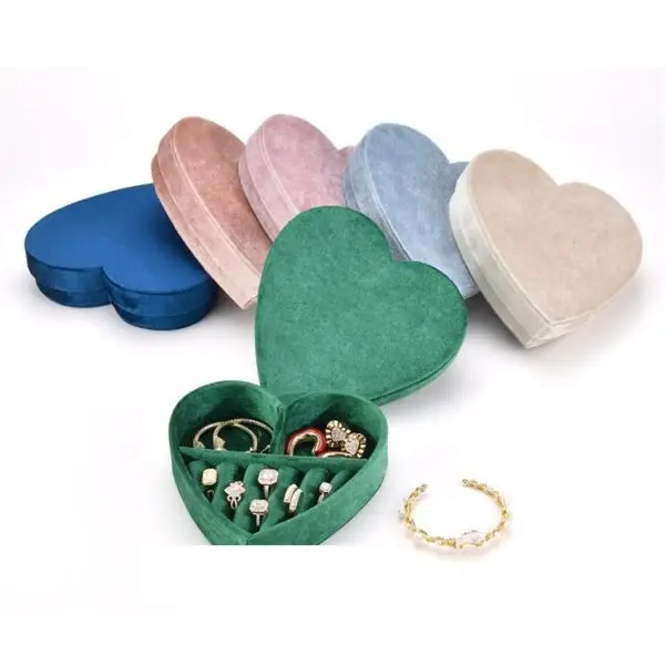 Custom heart-shaped velvet travel jewelry box with logo embossing, removable foam insert, bulk jewelry packaging