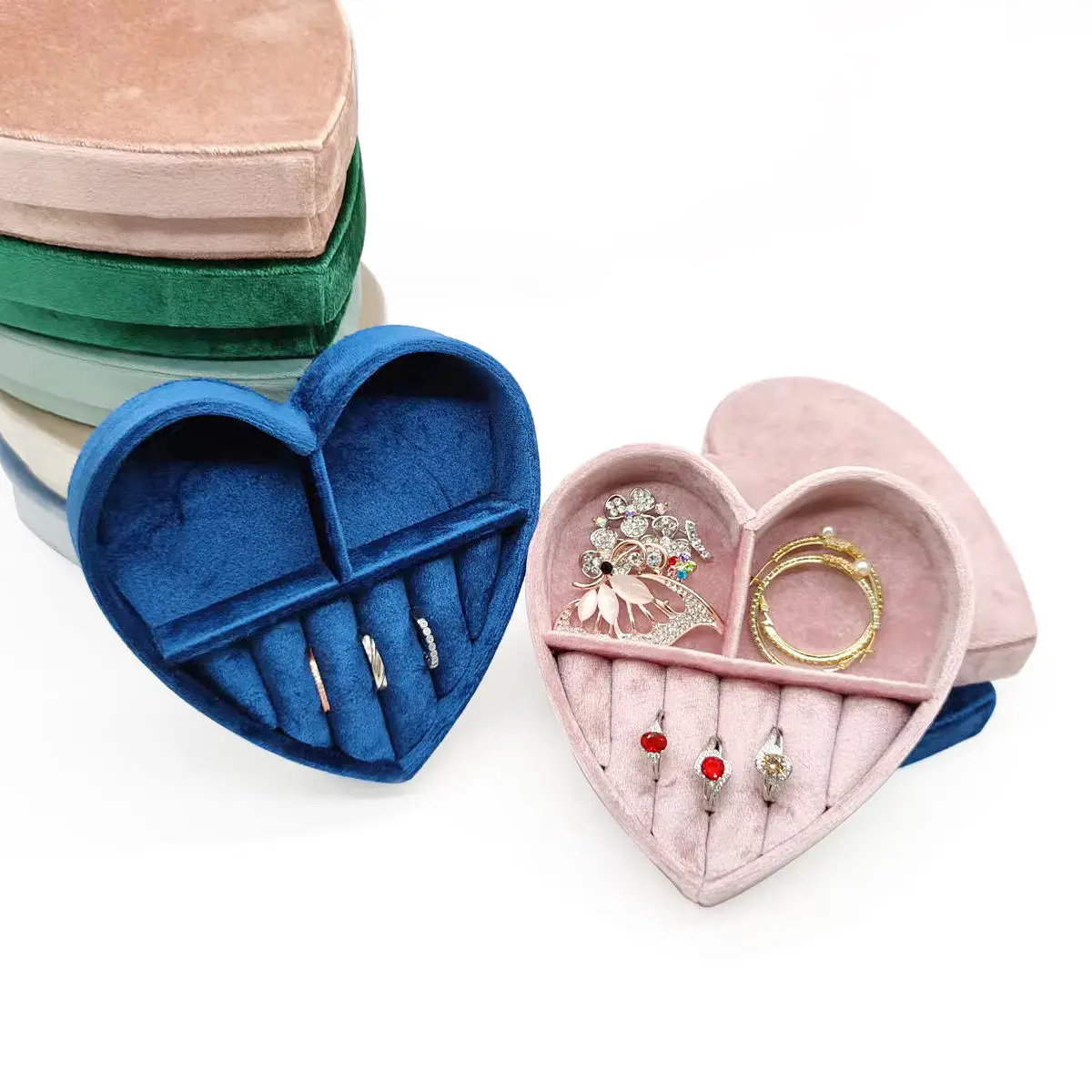 Custom heart-shaped velvet travel jewelry box with logo embossing, removable foam insert, bulk jewelry packaging