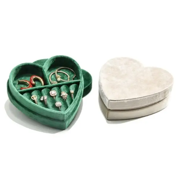 Custom heart-shaped velvet travel jewelry box with logo embossing, removable foam insert, bulk jewelry packaging
