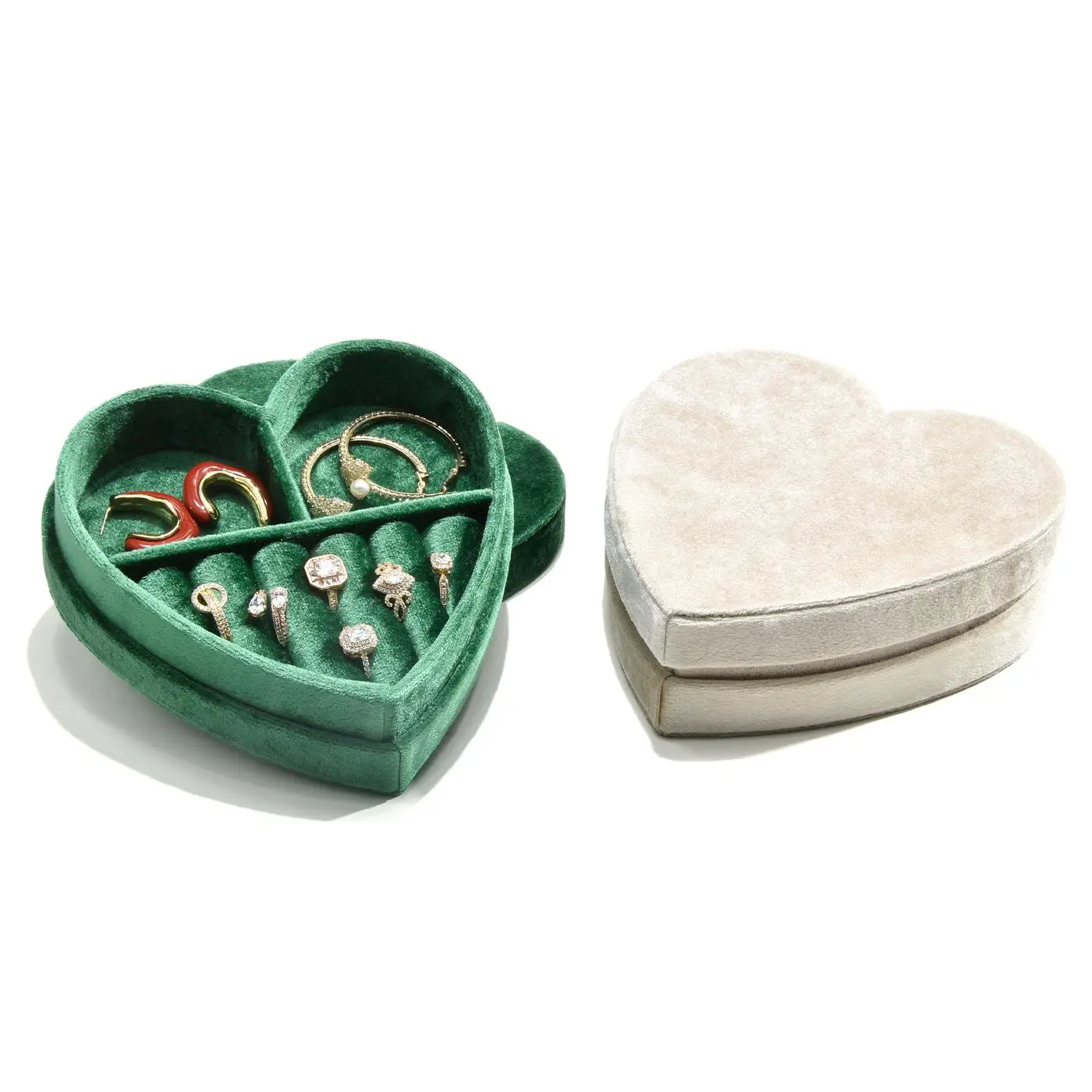 Custom heart-shaped velvet travel jewelry box with logo embossing, removable foam insert, bulk jewelry packaging